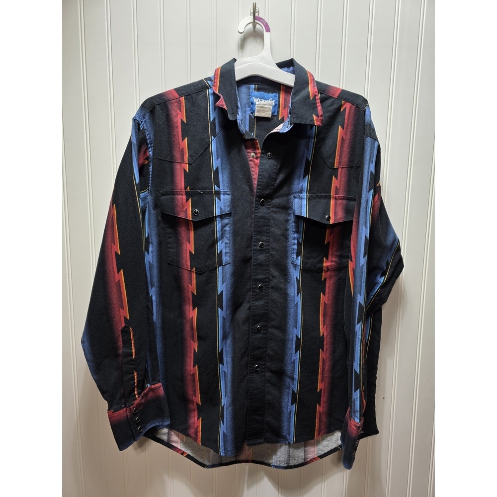 WRANGLER Vtg Shirt Western Pearl Snap Striped Southwest Sz L Rodeo Cowboy 90s